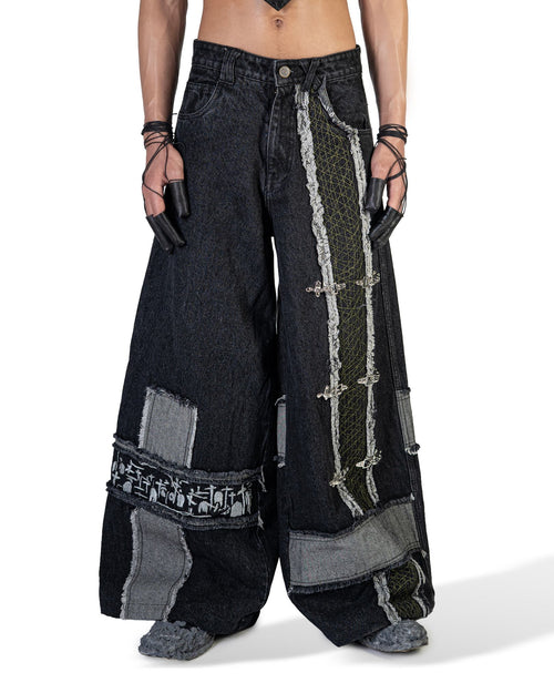 BLACK MOSAIC WIDE LEG JEANS