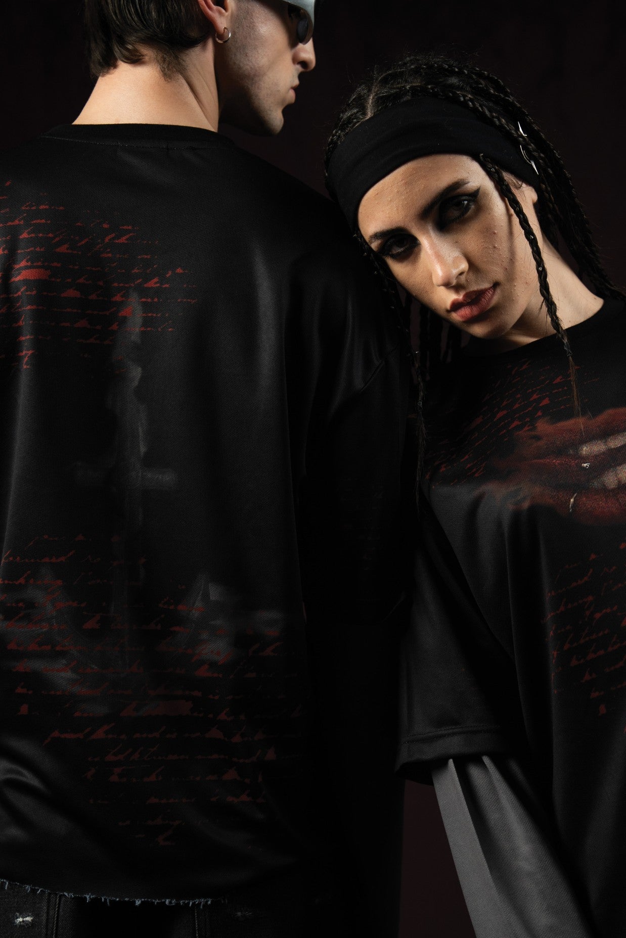 Zica Bella Bloodzic Jersey 01 black oversized streetwear jersey with red glitch graphic front and back view on male and female models

