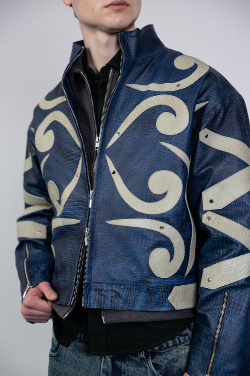 Blue leather jacket close up front design premium stitching and pattern