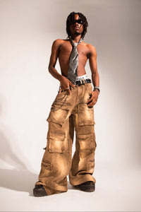 brown distressed denim cargo with a baggy streetwear fit and multi-pocket utility structure