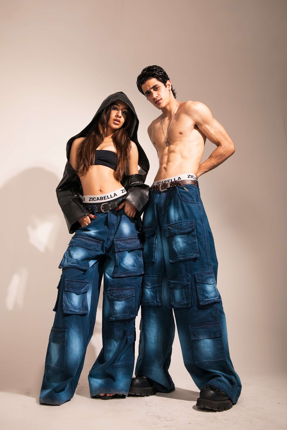 Loose fit dark blue denim cargo designed for streetwear styling