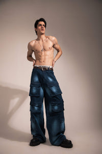 heavyweight modern streetwear dark blue denim cargo with oversized contemporary fit