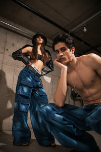 premium oversized dark blue denim cargo styled for modern streetwear fashion look