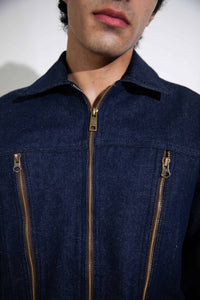 Casual Men’s Denim Outfit in Blue, Zipper Jacket with Urban Vibes