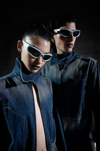 blue denim jacket styled in a modern streetwear look