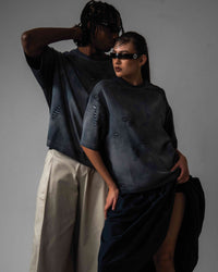 DRYXEN oversized black acid wash streetwear t-shirt fashion editorial shoot