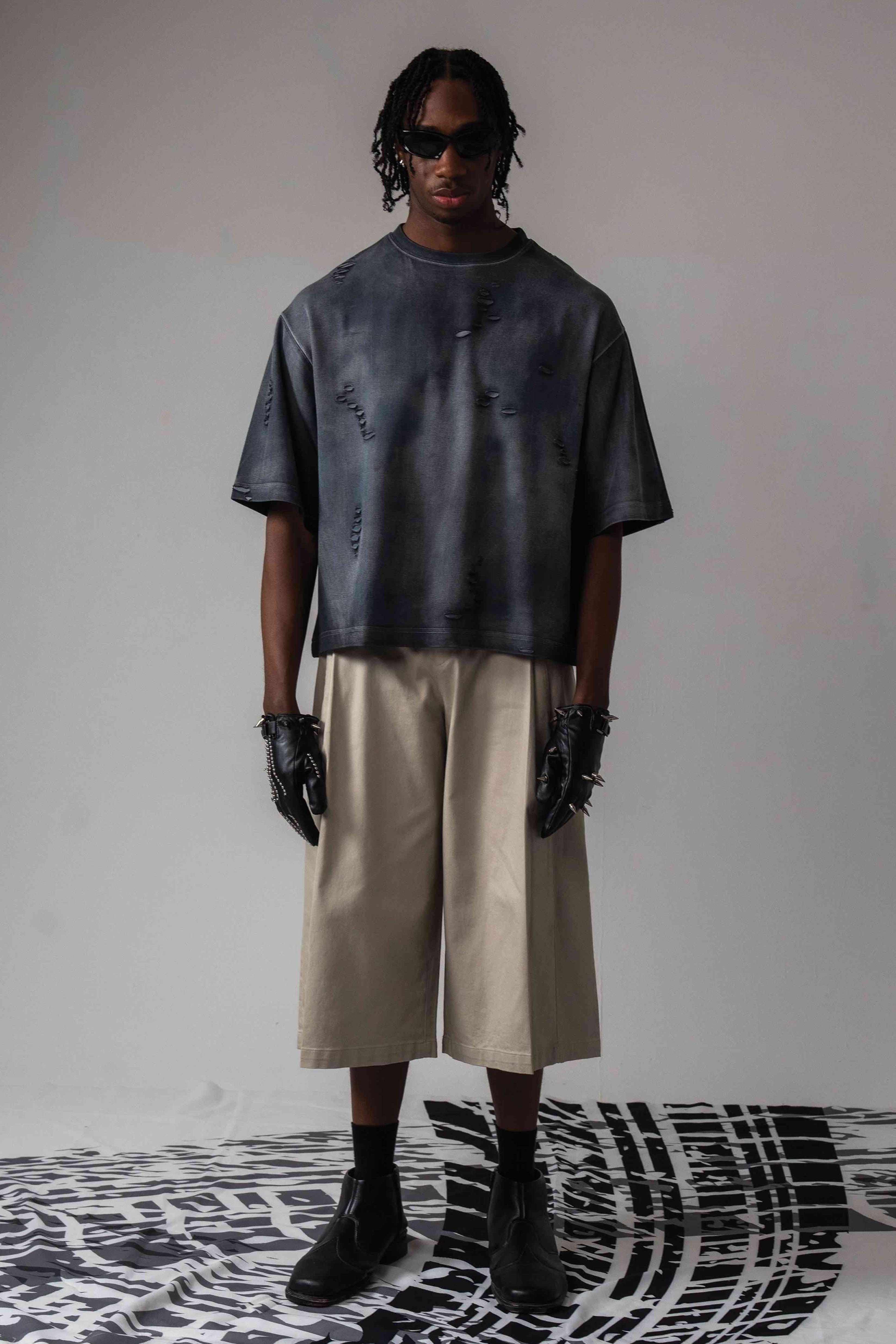 Front view of DRYXEN oversized distressed black acid wash streetwear t-shirt