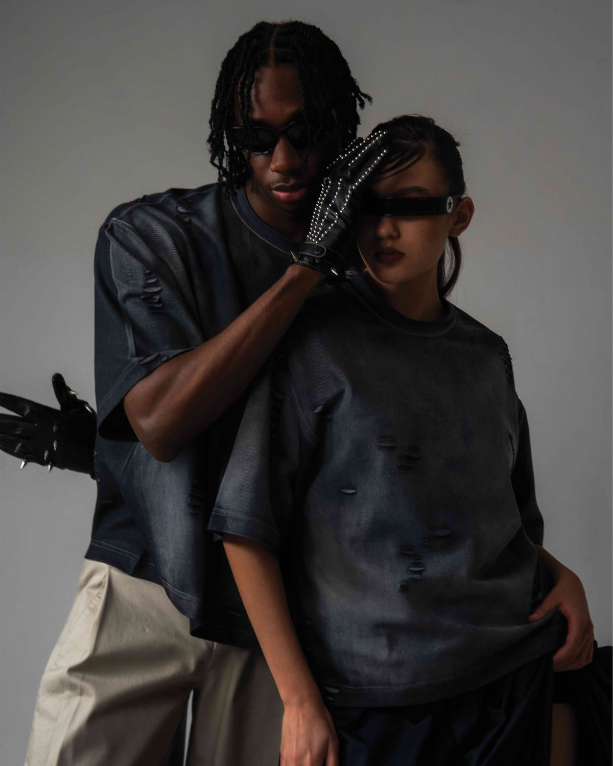 DRYXEN oversized streetwear t-shirt styled with futuristic fashion accessories