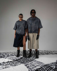 Full body editorial campaign shoot for DRYXEN oversized distressed black t-shirt
