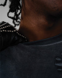 Close up detail of t-shirt neckline and distressed texture
