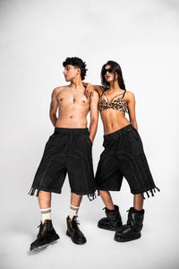 black denim jorts with fringe detail, versatile mens streetwear piece