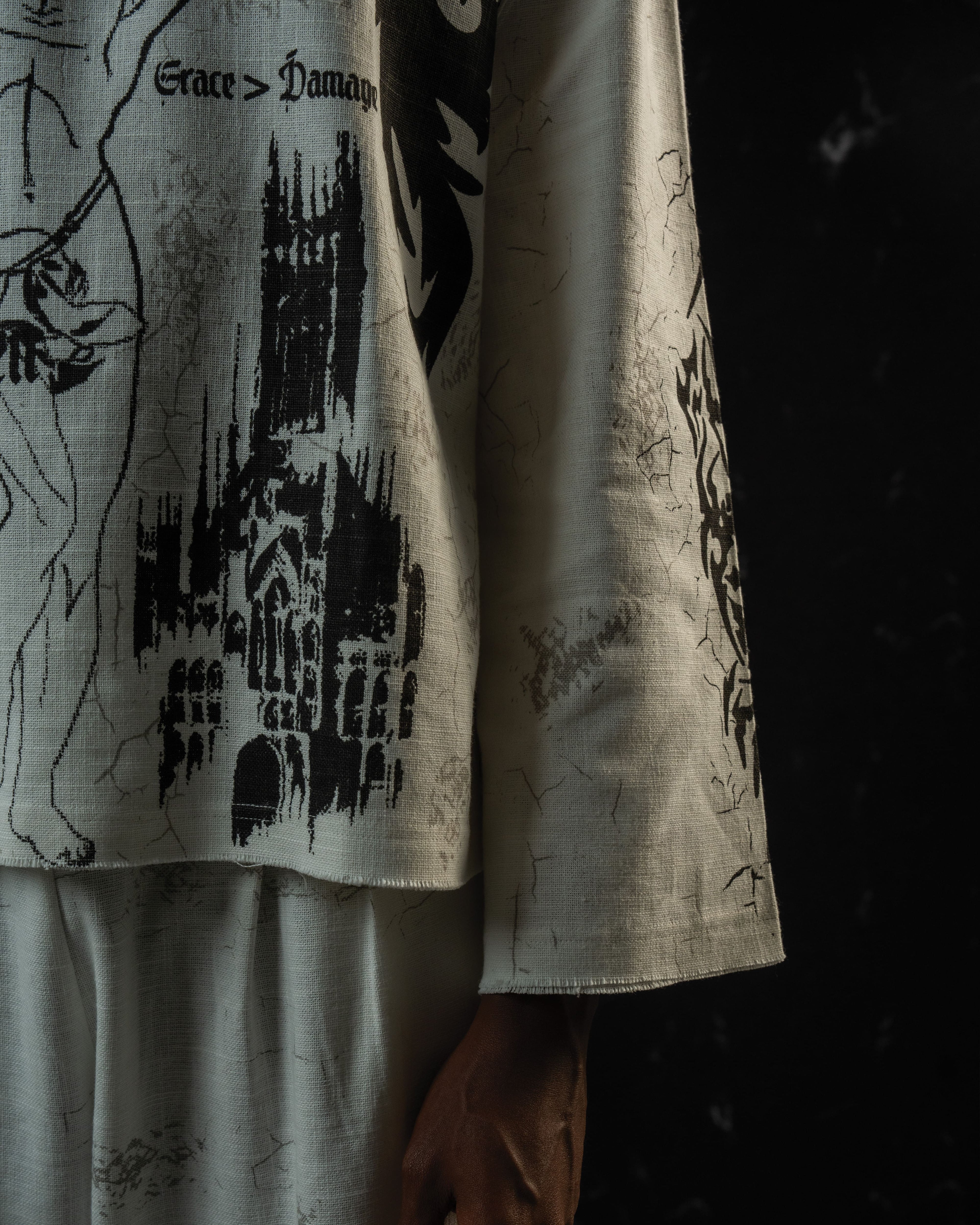 Detailed gothic cathedral artwork featured on a textured darkwear full sleeve t-shirt