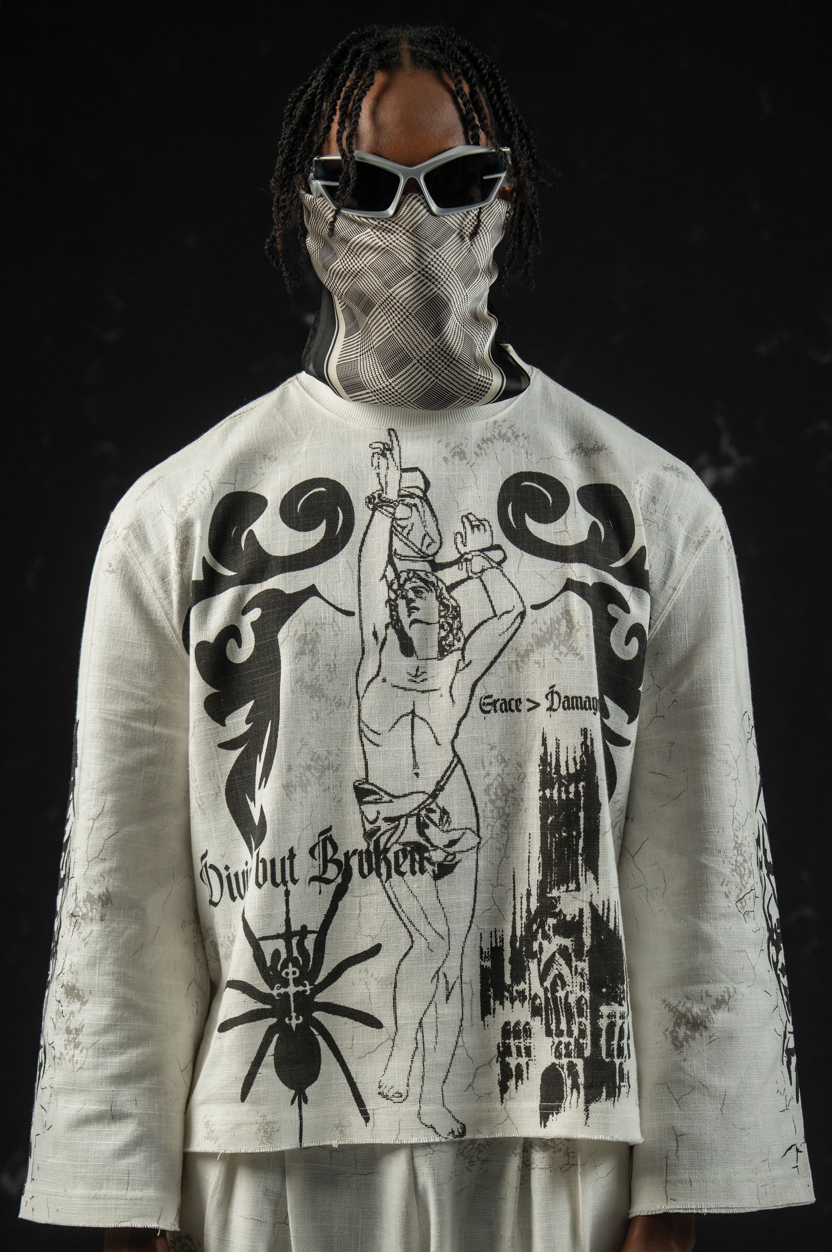 Gothic streetwear co-ord set featuring a graphic full sleeve t-shirt and relaxed darkwear pants