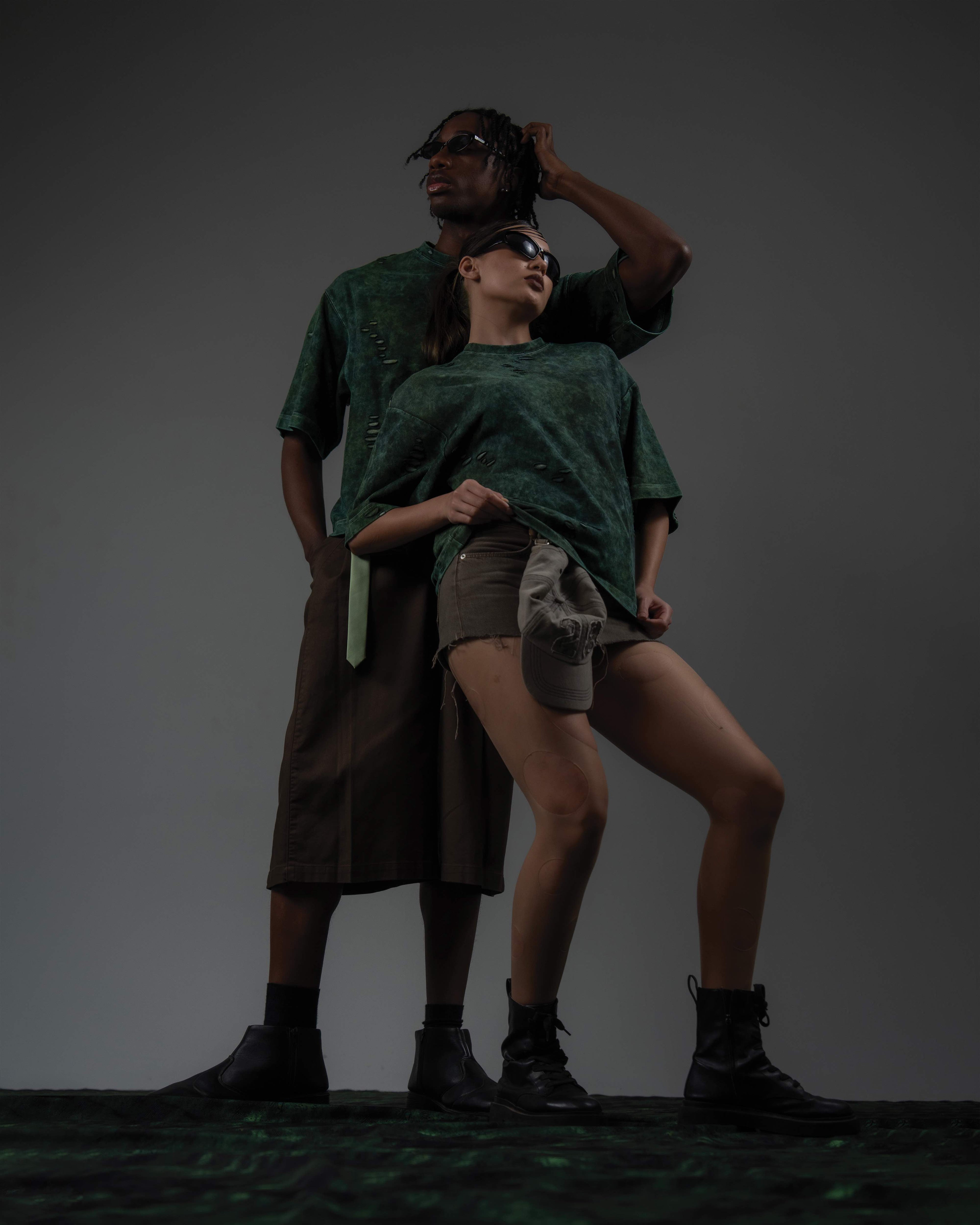 Streetwear grainy editorial portrait of GRN_ERR oversized green t shirt