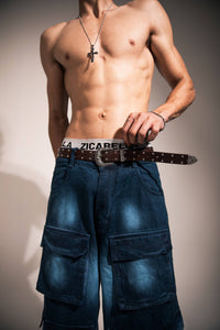 Relaxed fit dark blue denim cargo offering comfort and relaxed streetwear vibe