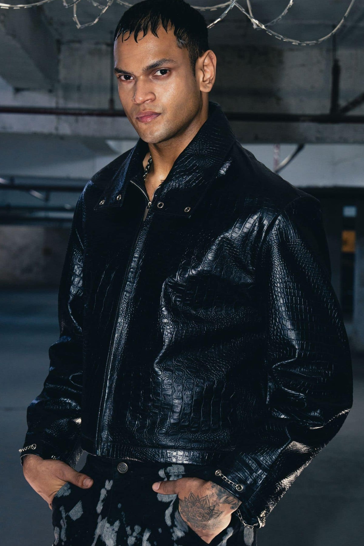 Casual oversized black croc leather jacket, designed for a relaxed yet trendy look