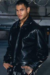 Casual oversized black croc leather jacket, designed for a relaxed yet trendy look