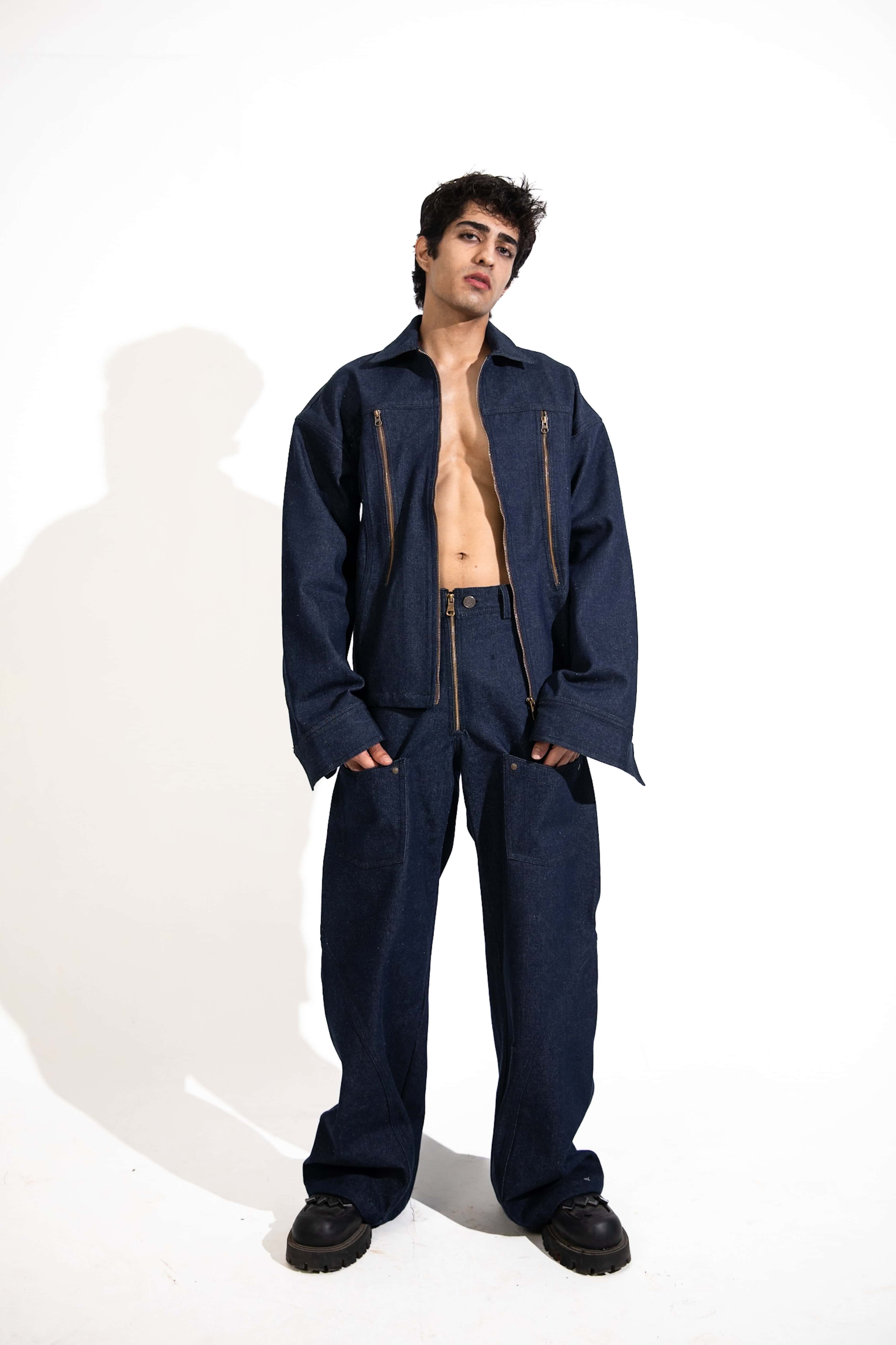 Men’s Blue Denim Suit with Relaxed Fit and Zipper Jacket Detail