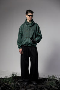 Men’s green oversized streetwear hoodie with high neck design and premium fabric