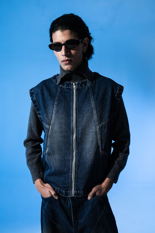 Sleeveless denim jacket for men front view with zip closure and structured streetwear fit
