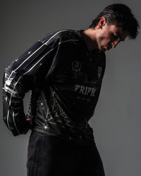 Side angle portrait highlighting the 3D grid illusion print on the TRPPY_22 streetwear jersey