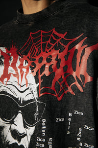 front print design on an oversized black t-shirt for a modern, edgy vibe