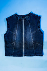 Close-up view of sleeveless denim jacket for men highlighting fabric wash and stitching