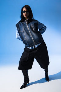 Premium fashion look featuring sleeveless denim jacket for men with modern styling