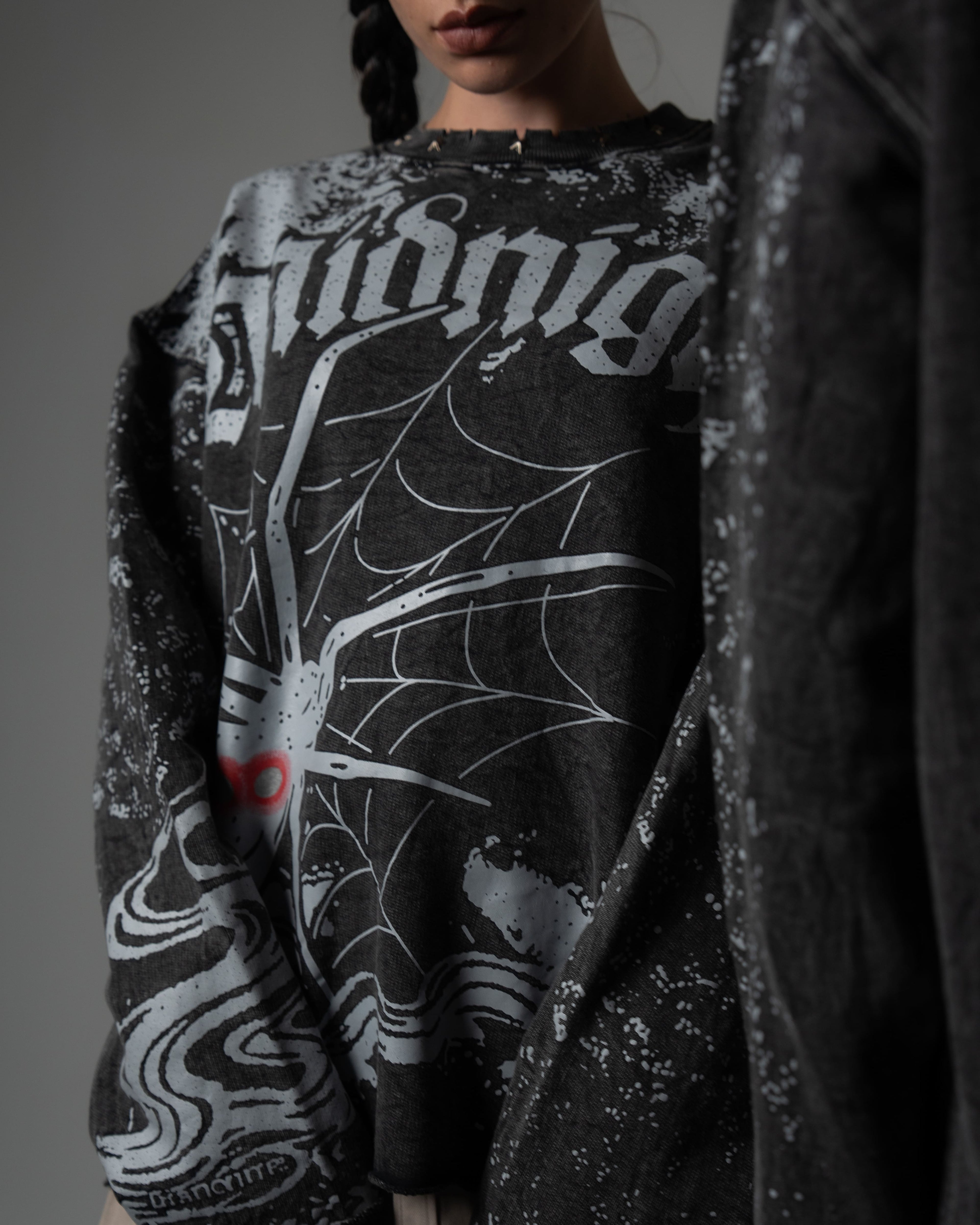 Macro detail shot of the high-quality spiderweb screenprint on a washed charcoal oversized long sleeve tee