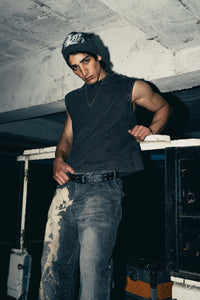 Charcoal cotton tank top with graphic design, perfect for streetwear fashion, offering a bold and trendy look