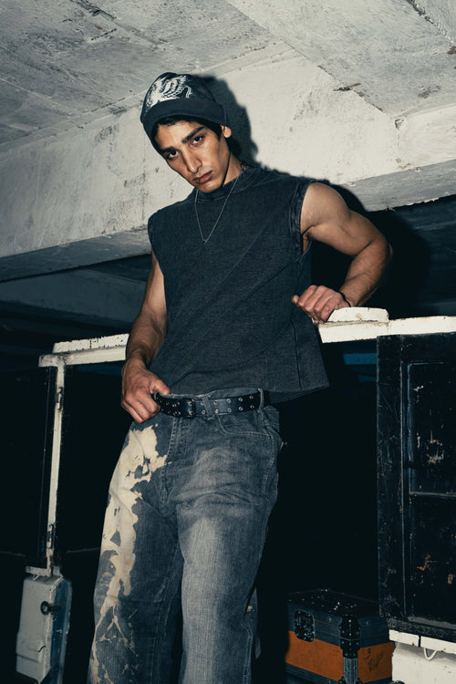 Charcoal cotton tank top with graphic design, perfect for streetwear fashion, offering a bold and trendy look