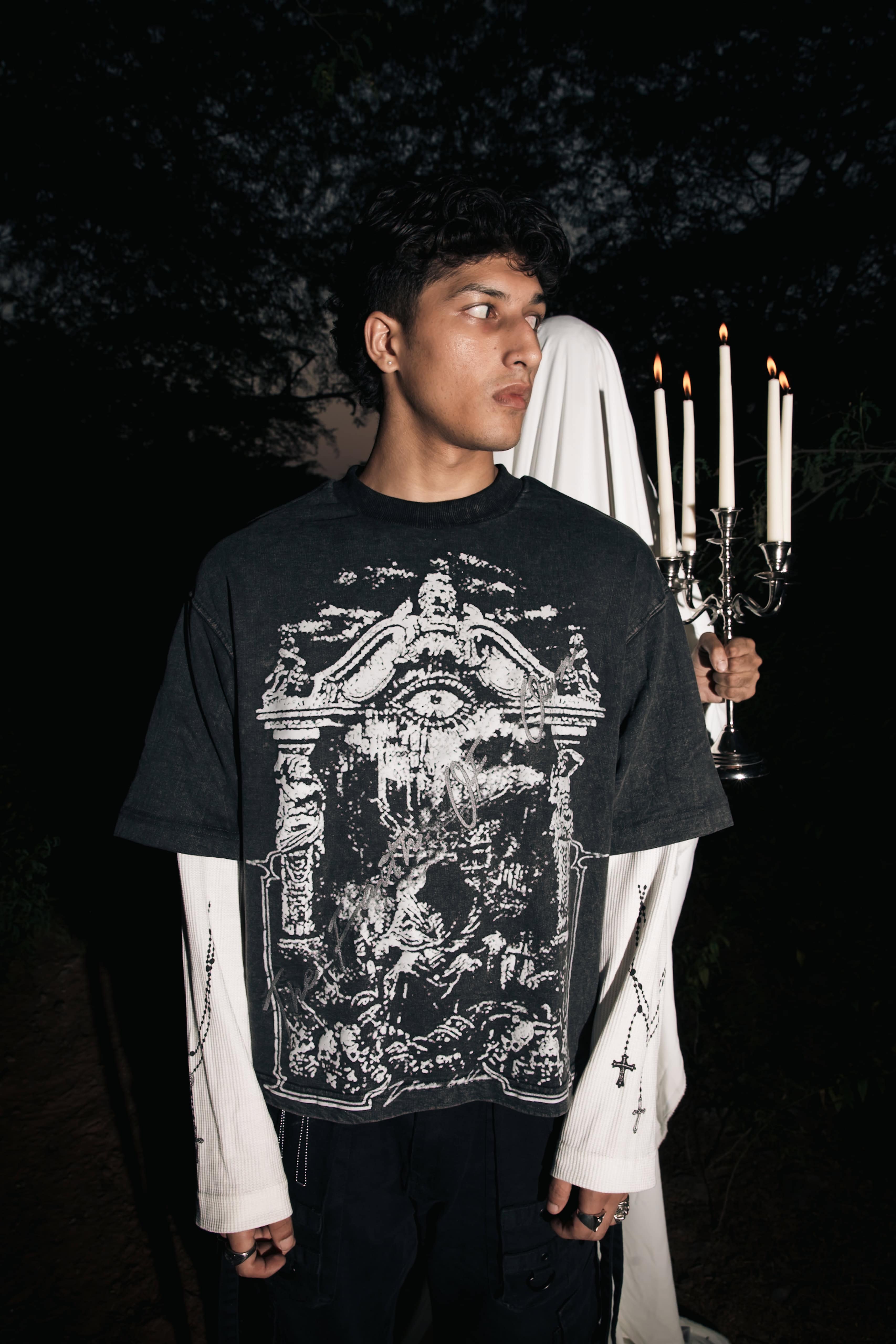 Black graphic cotton t-shirt with detailed gothic illustration, designed for premium streetwear look