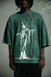 Art graphic green cotton oversized t shirt designed for street fashion