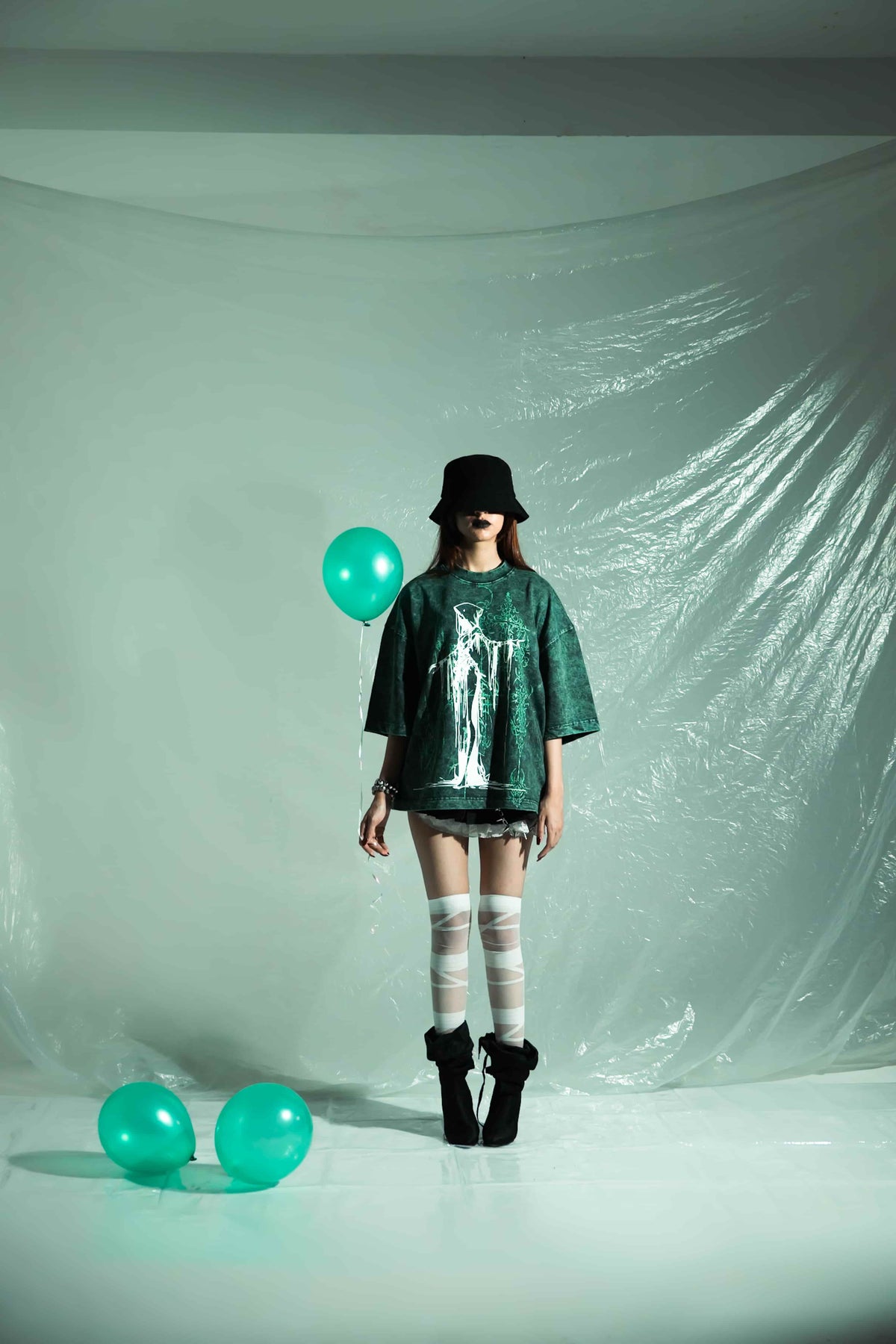 Textured wash green oversized cotton t shirt with streetwear look