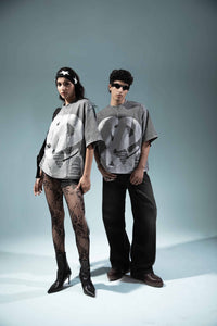 premium 100%  cotton grey t-shirt featuring a unique front logo, urban aesthetic