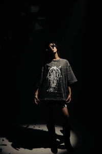 240 gsm black cotton t-shirt with minimal grunge print and relaxed oversized streetwear shape