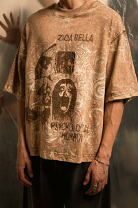 Close-up of horror graphic print on oversized streetwear 240 gsm t-shirt crafted for statement-making urban fashion