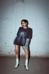 oversized fit T-shirt in washed black, premium cotton, featuring a structured bold graphic print