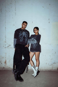 Textured cotton T-shirt with oversized fit, featuring a bold graphic print in washed black for a modern streetwear look
