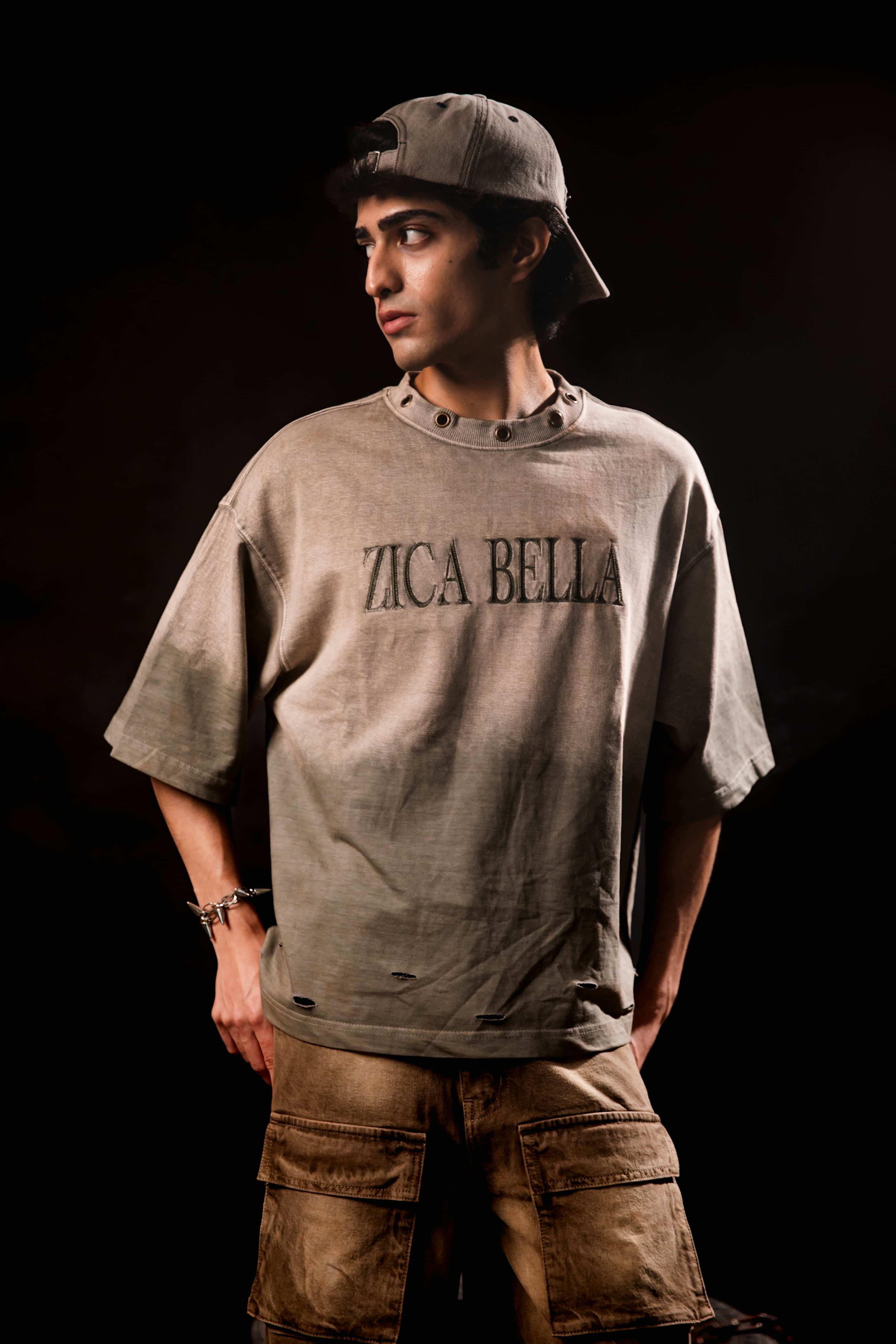 zb gangster oversized grey acid wash T-shirt styled in modern streetwear look for men