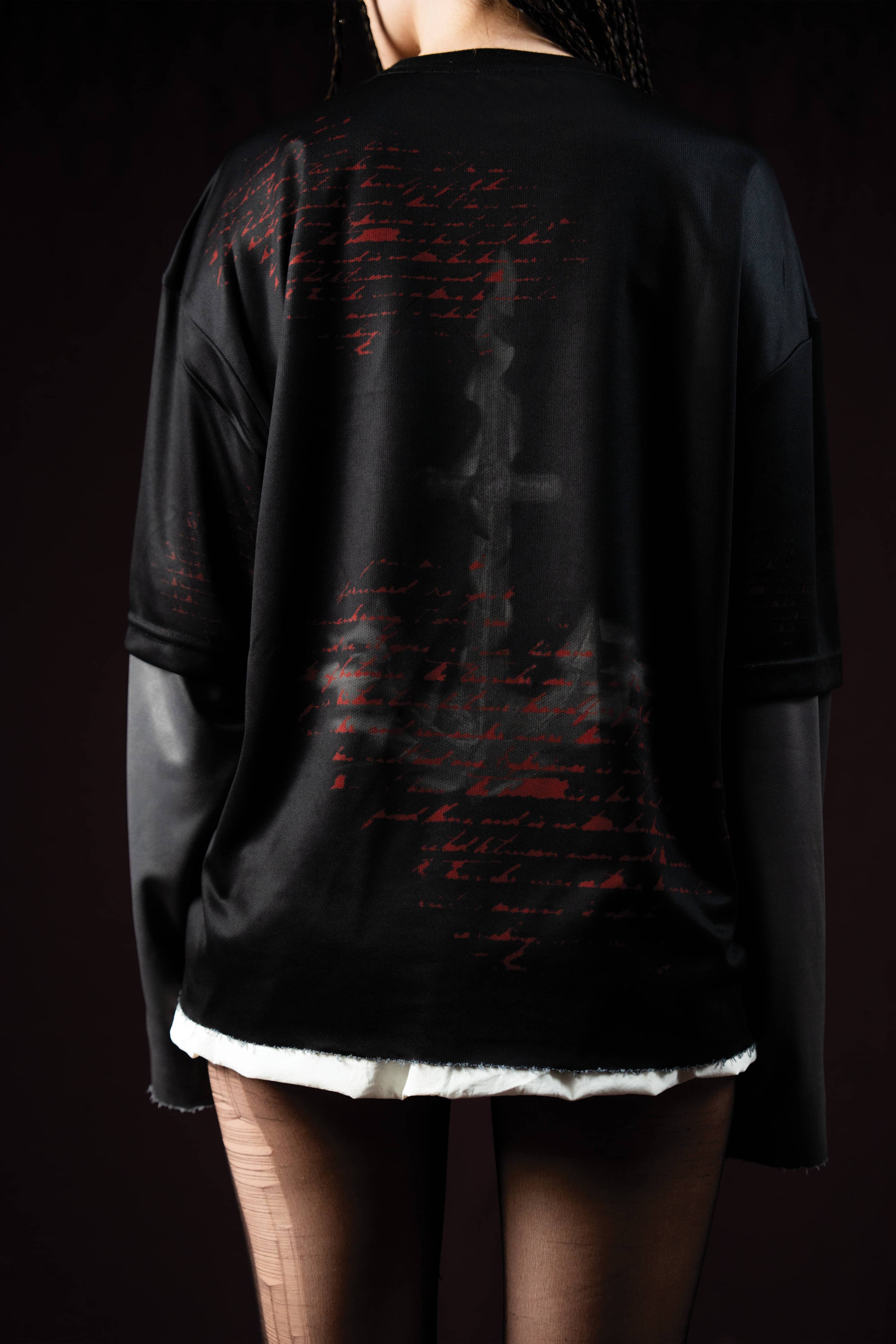 Zica Bella Bloodzic Jersey 01 black oversized streetwear jersey with red distorted text graphic back view detail