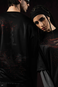 Zica Bella Bloodzic Jersey 01 black oversized streetwear jersey with red glitch graphic front and back view on male and female models