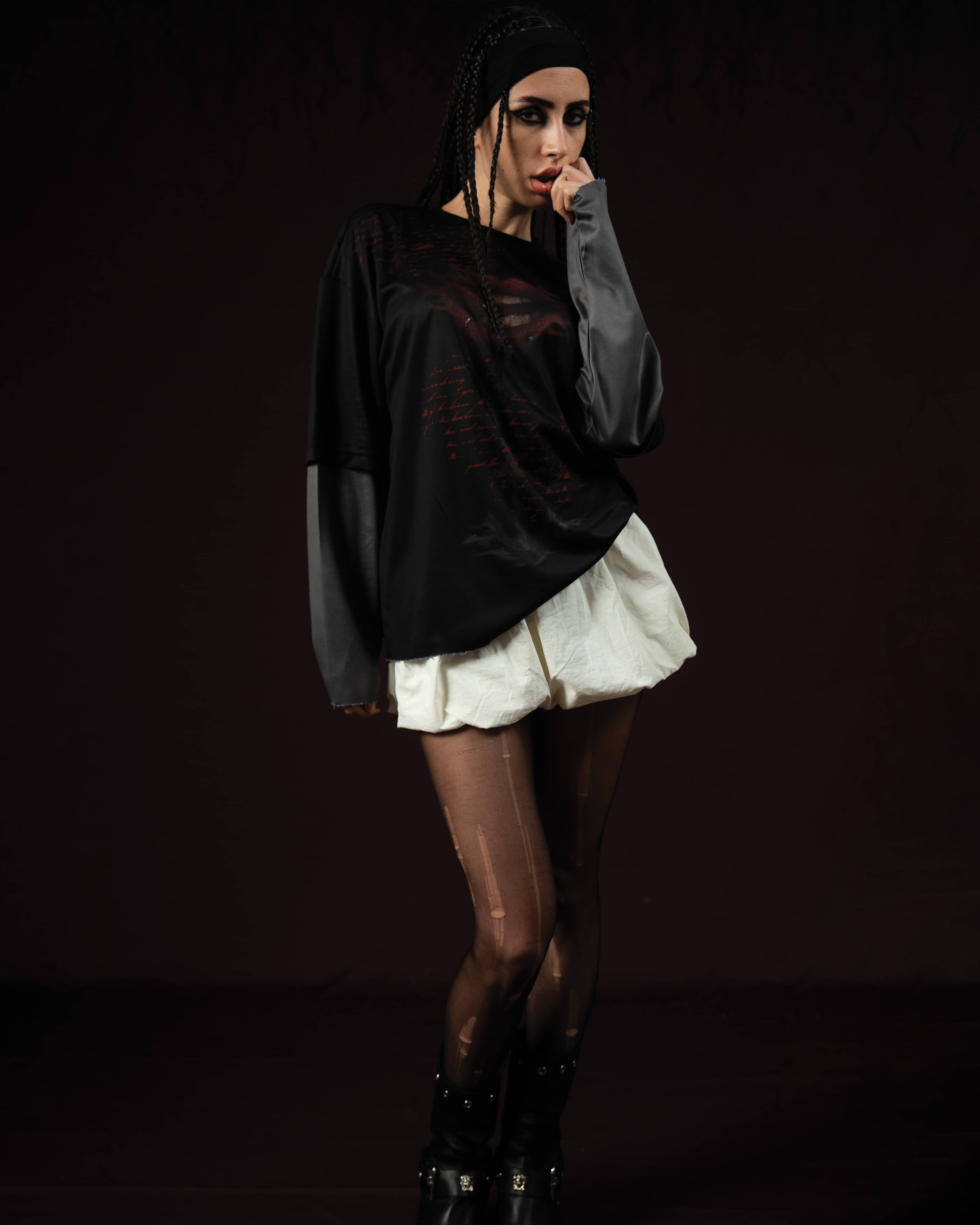 Zica Bella Bloodzic Jersey 01 black oversized streetwear jersey with red graphic worn by female model full outfit look