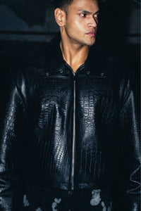 Croc leather black jacket with a textured finish, designed for a luxury, modern style by zica bella