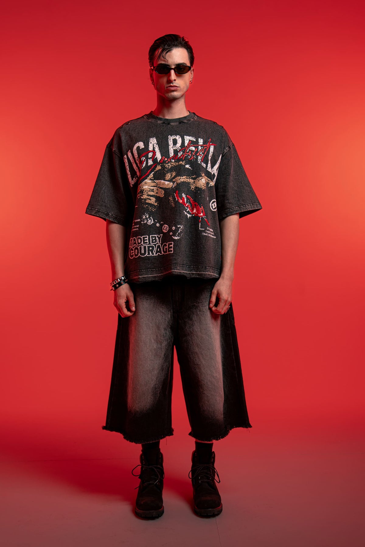 Front full view of ZSTRIKE oversized acid wash t-shirt with a bold screen print graphic