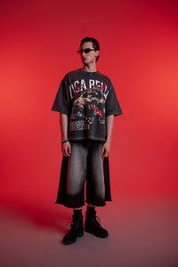 Front standing view of ZSTRIKE oversized black acid wash t-shirt with distressed print
