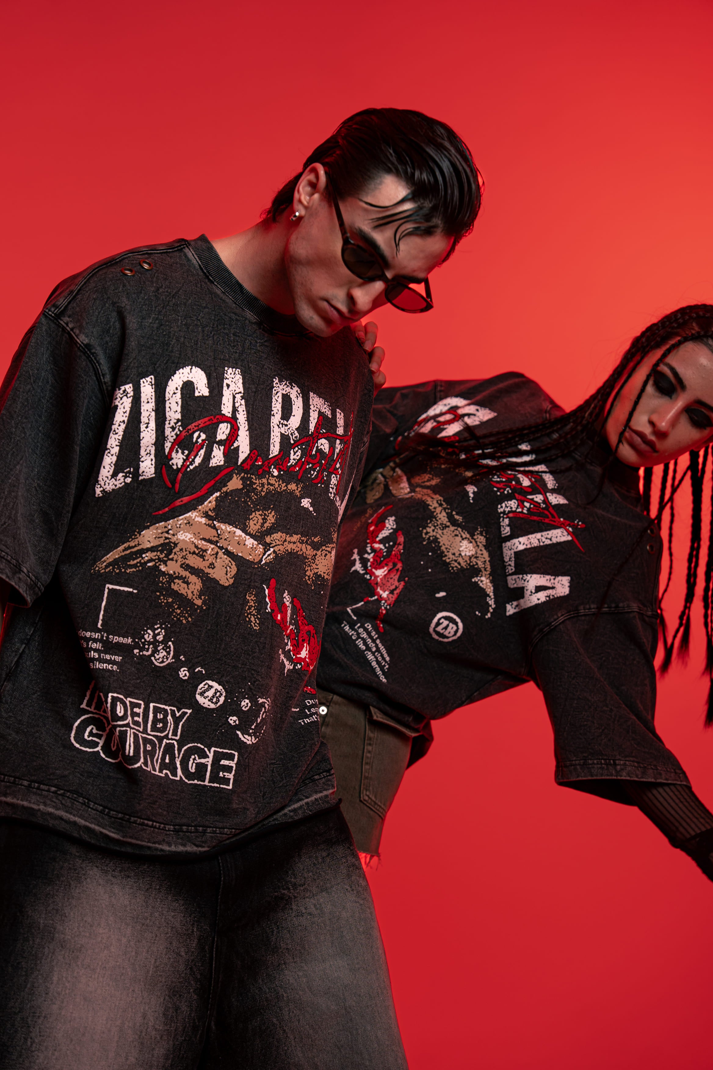 Unisex streetwear t-shirt with premium acid wash finish in a high fashion editorial angle