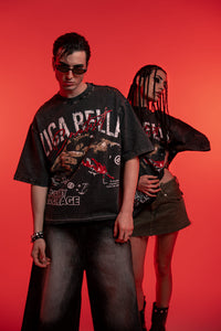 male and female models showcasing oversized acid wash graphic shirts in an urban fashion look